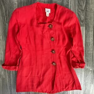 Vintage Kwai Red Ribbed Knit Button Front Jacket Womens 4 Floral Metal Buttons